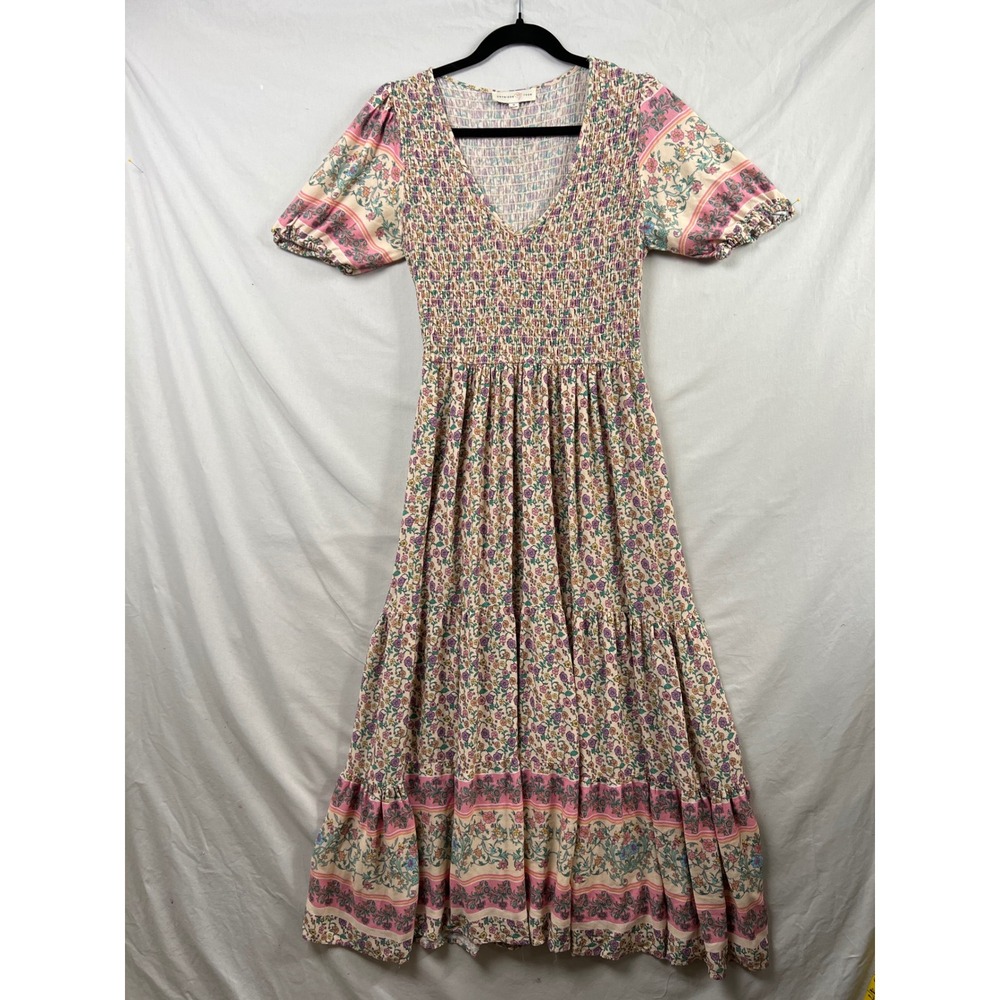 Penelope Rose Floral Maxi Dress Womens Medium Pink Smocked Tiered Cottagecore